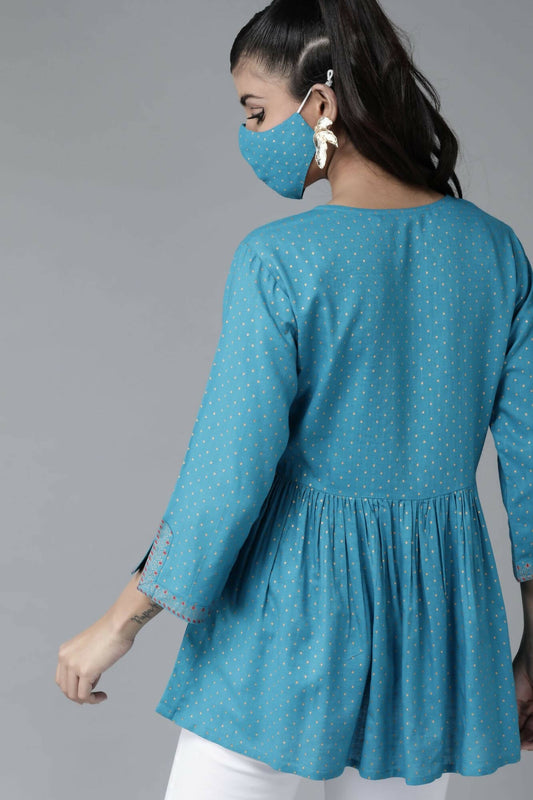 Juniper Women Skyblue Rayon Slub Polka Print Peplum Tunic - Grab2buy