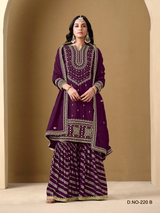 Anaita Purple Art Silk Embroidered Stitched Sharara Suit