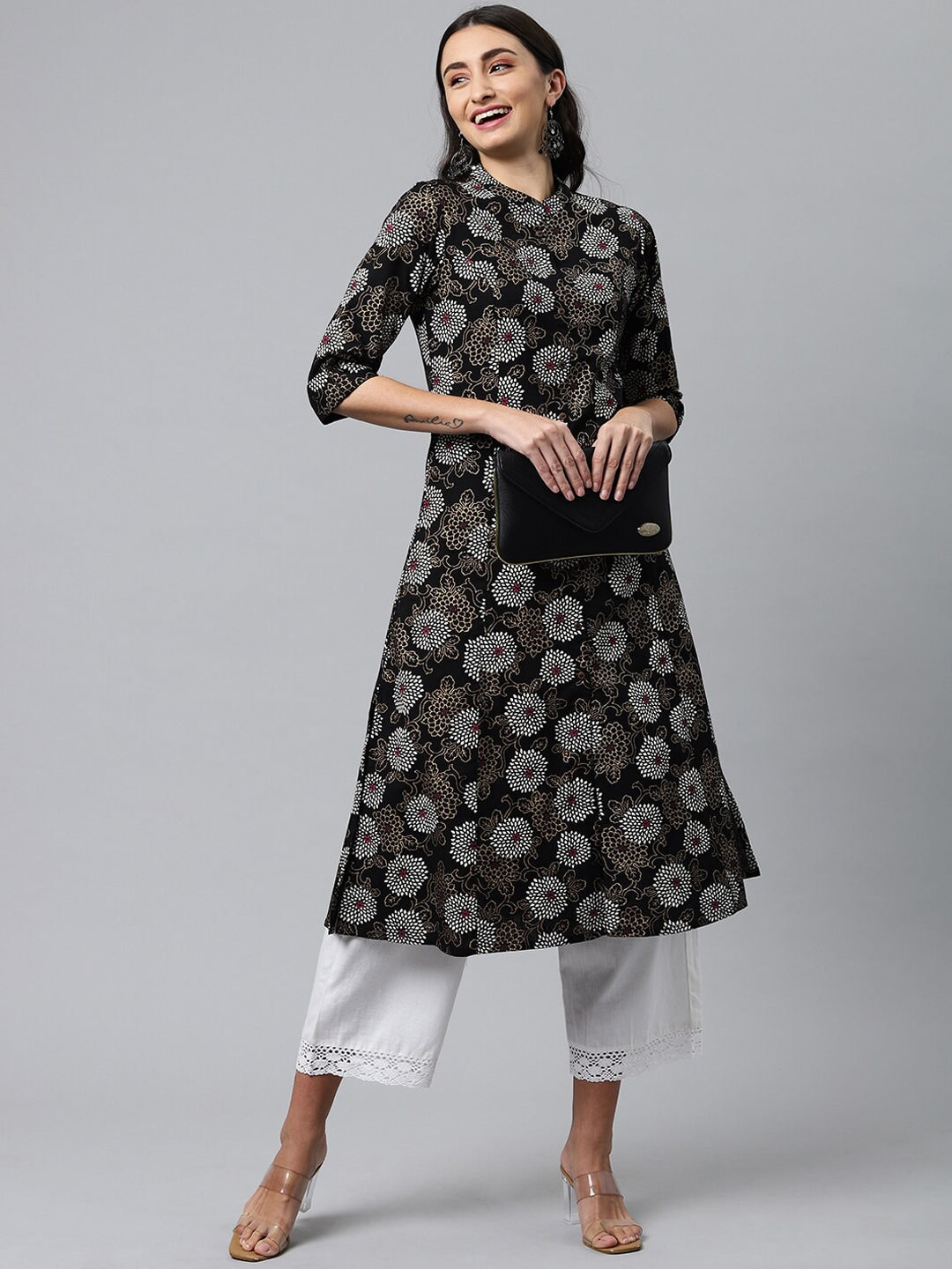 HERE&NOW Mandarin Collar Floral Printed Cotton Kurta