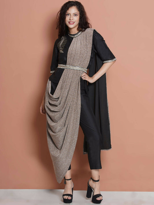 Women Republic Black Cotton Blended Set with Attached Drape - Grab2buy
