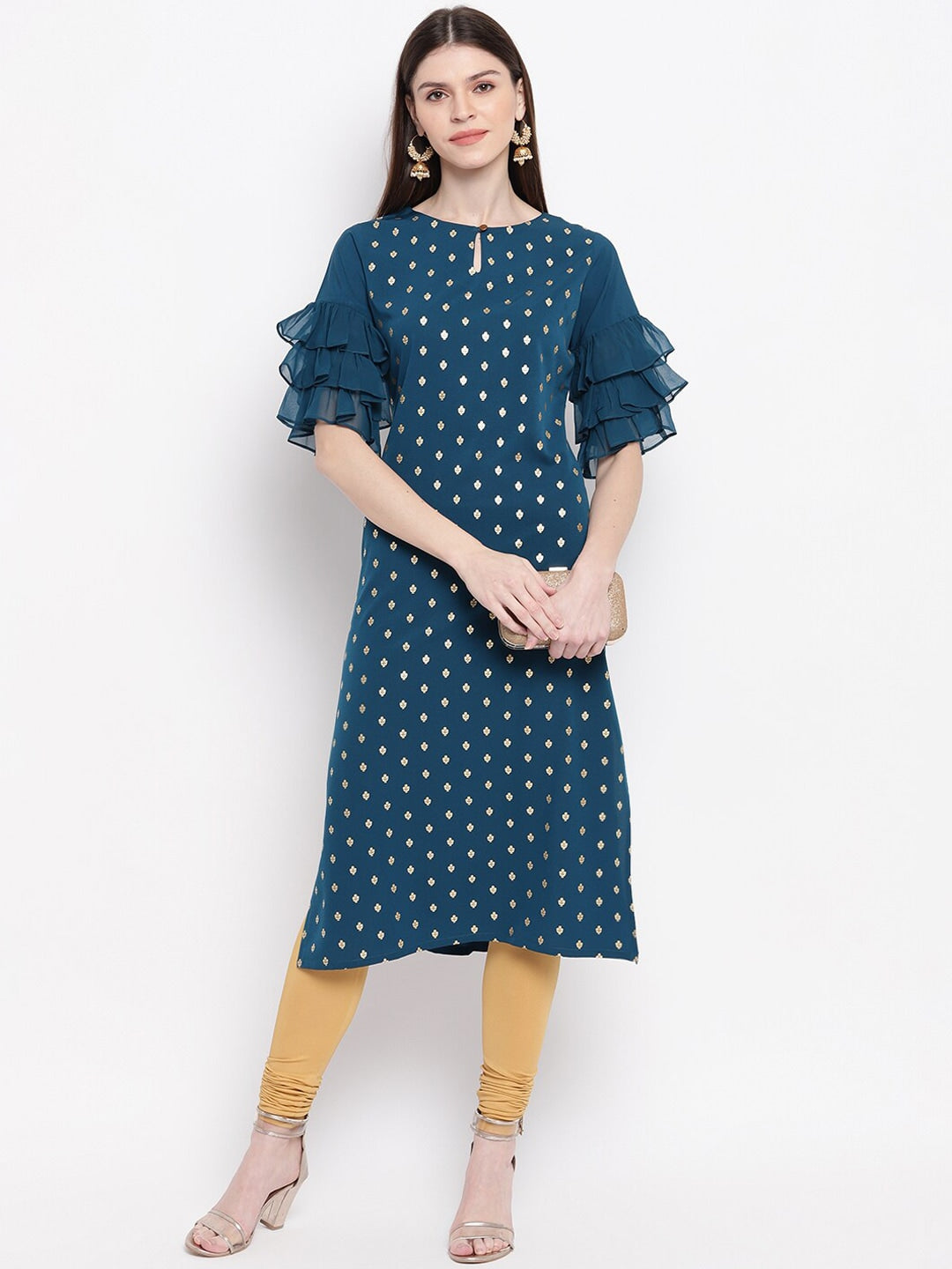 Janasya Women Teal Blue Geometric Printed Keyhole Neck Flared Sleeves Crepe Kurta