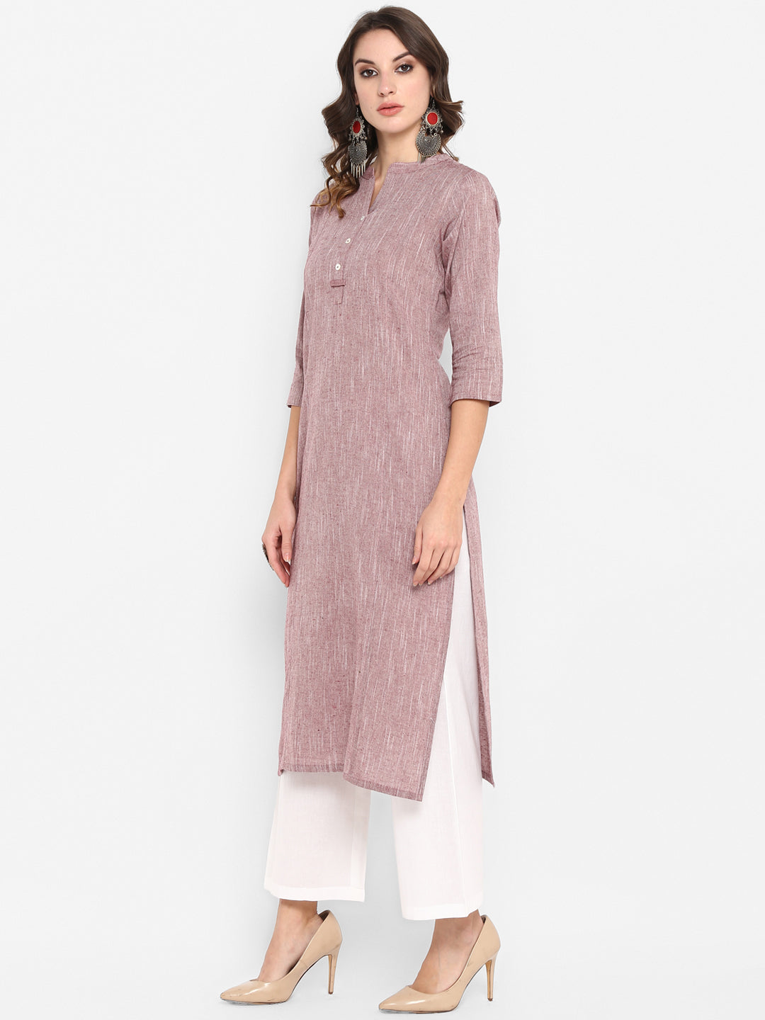 Janasya Women Mauve Solid Straight Kurta