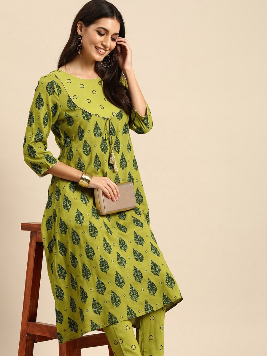 All About You Women Olive Green Ethnic Motifs Printed Empire Kurta with Trousers