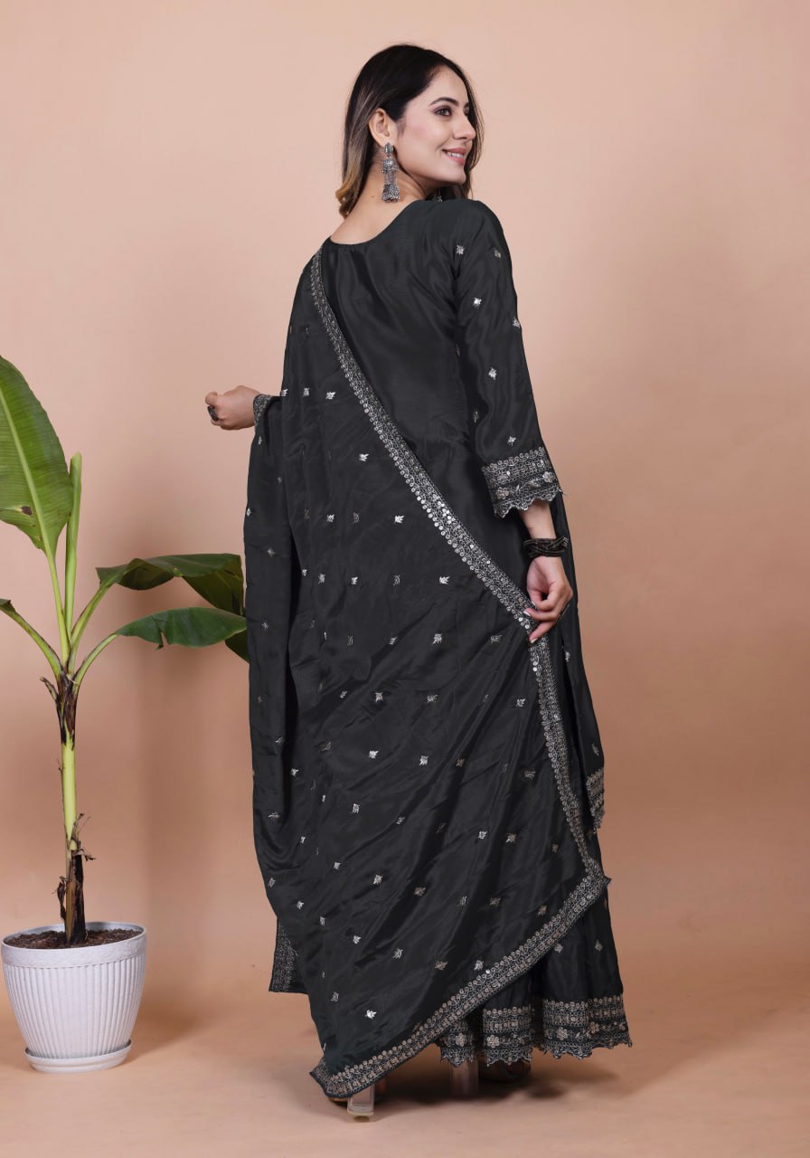 Yash Enterprise Black Chinon Silk Embroidery Party Wear Suit Set  Grab2Buy Yash Enterprise Grab2Buy