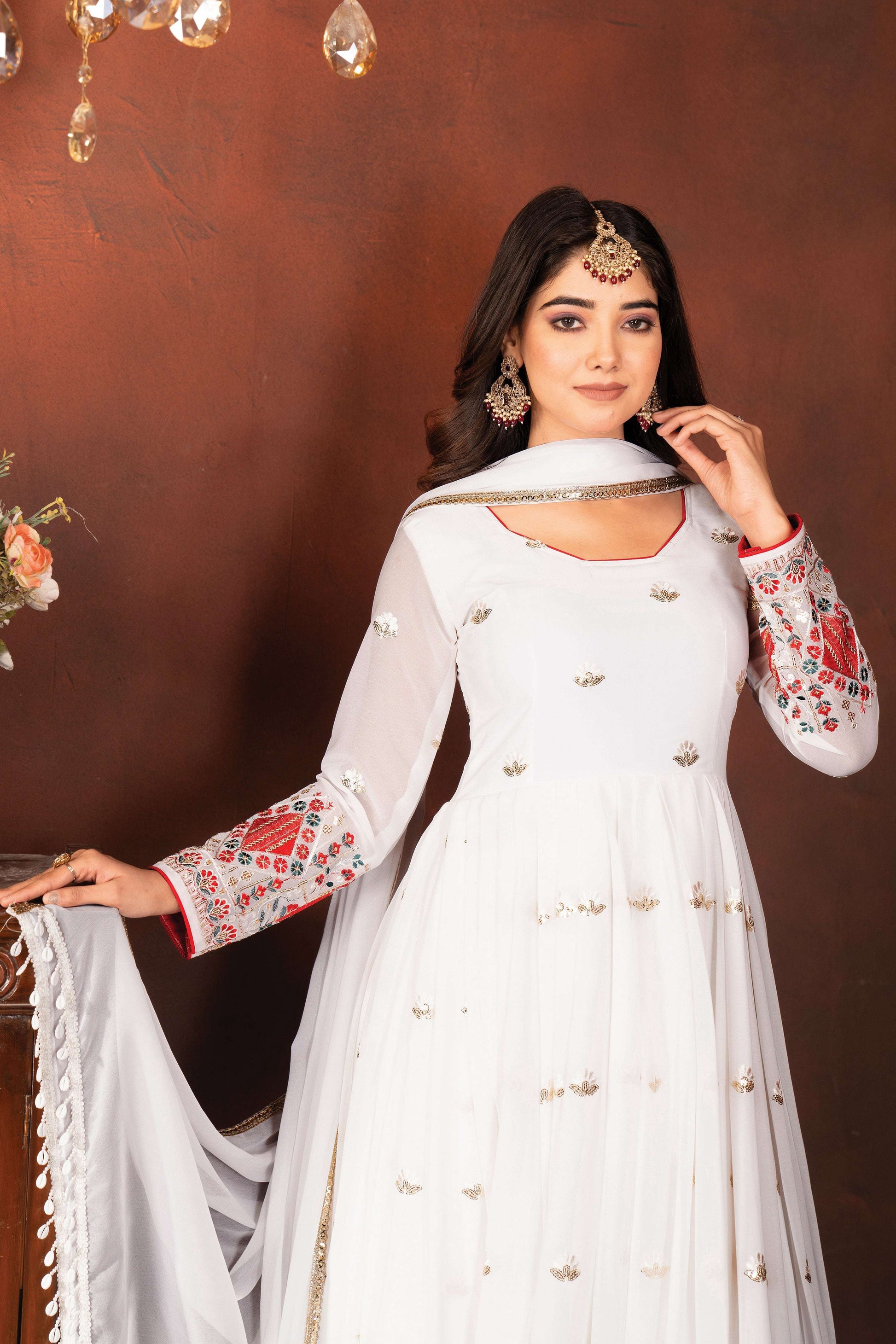 Yash Enterprise White Faux Blooming Embroidery Party Wear Suit Set  Grab2Buy Yash Enterprise Grab2Buy