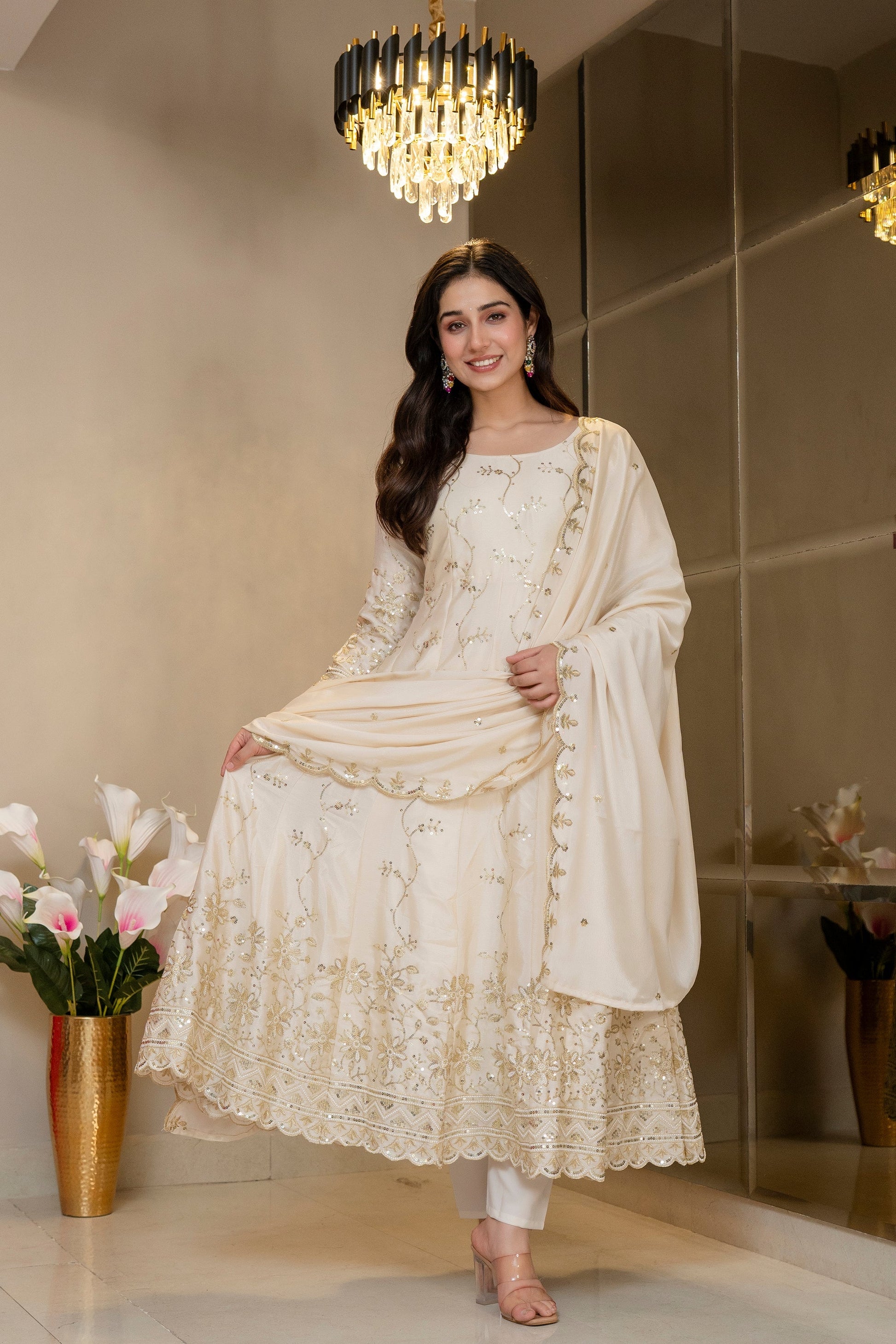 Yash Enterprise Cream Chinon Silk Party Wear Embroidery Suit Set  Grab2Buy Yash Enterprise Grab2Buy