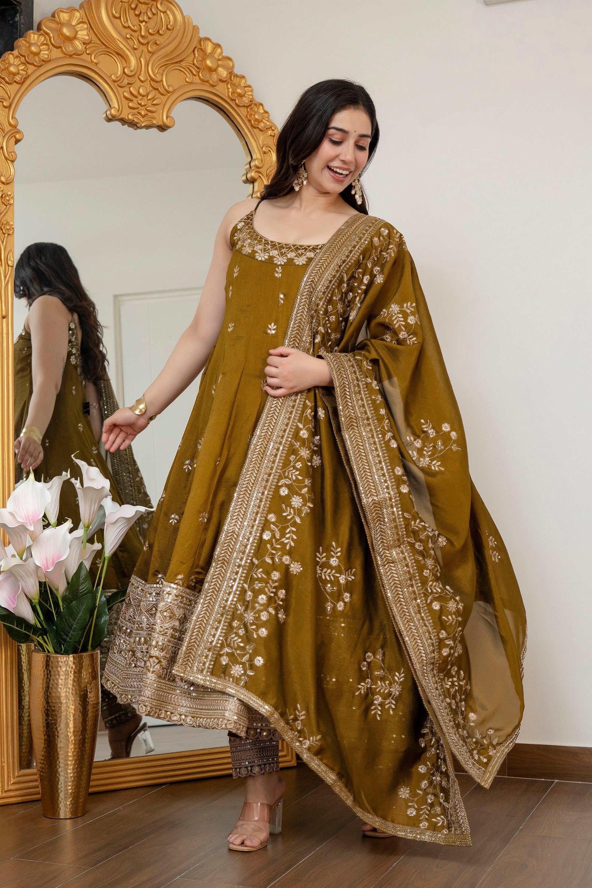 Yash Enterprise Mehndi Vichitra Silk Party Wear Embroidery Suit Set  Grab2Buy Yash Enterprise Grab2Buy