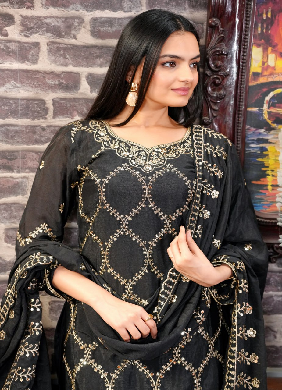 Yash Enterprise Black Chinon Silk Party Wear Embroidery Party Wear Suit Set  Grab2Buy Yash Enterprise Grab2Buy