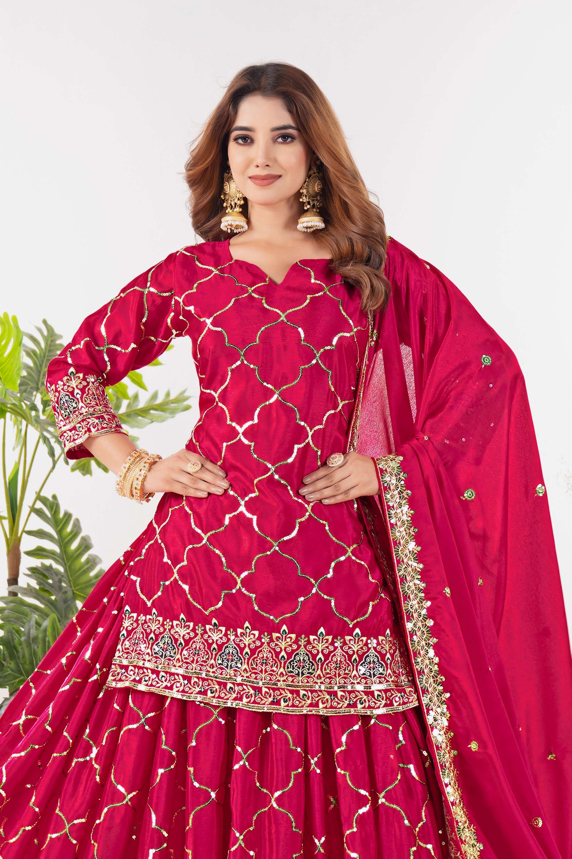 Yash Enterprise Red Chinnon Silk Embroidery Party Wear Suit Set  Grab2Buy Yash Enterprise Grab2Buy