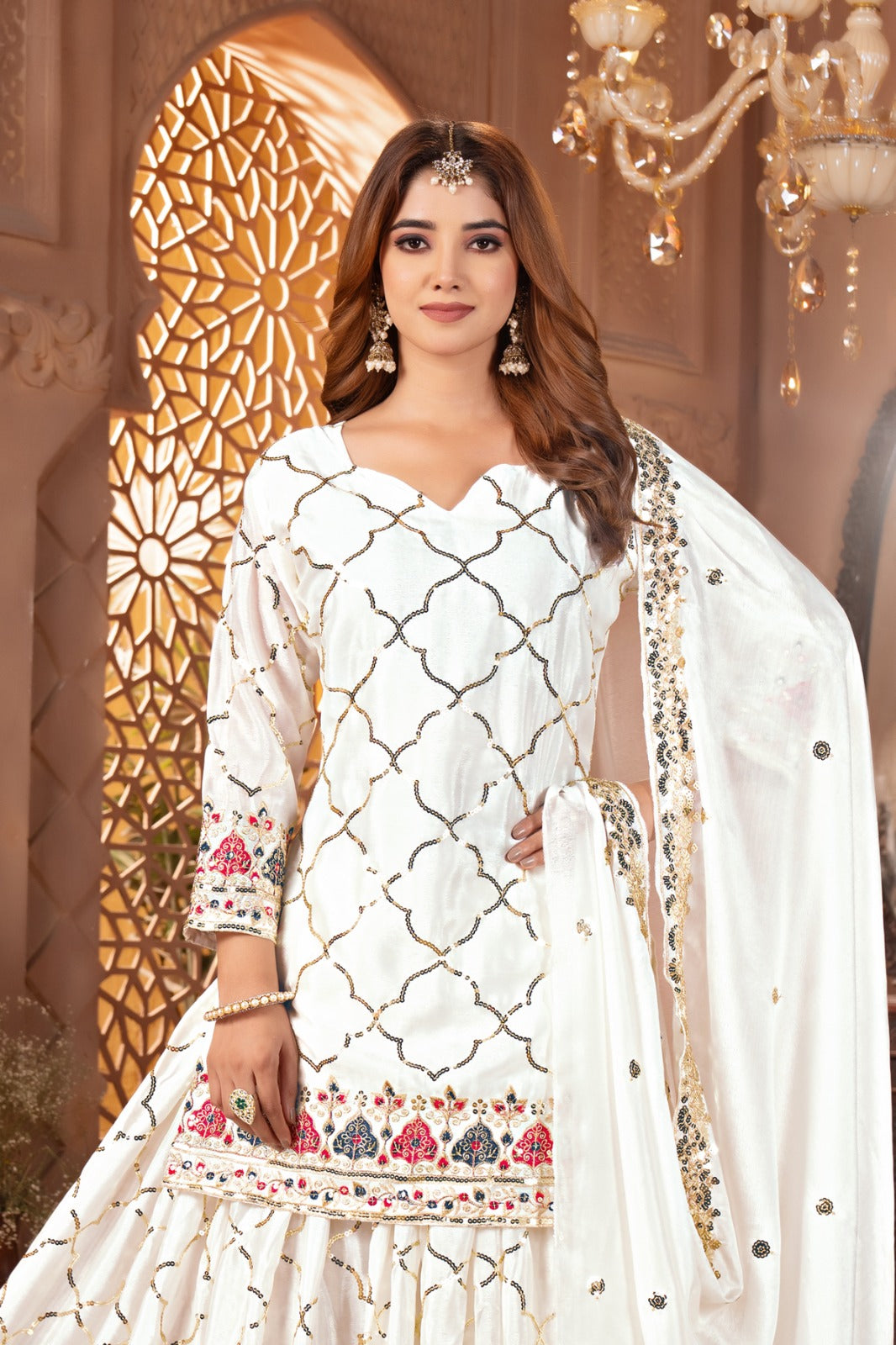 Yash Enterprise White Chinon Silk Embroidery Party Wear Suit Set  Grab2Buy Yash Enterprise Grab2Buy