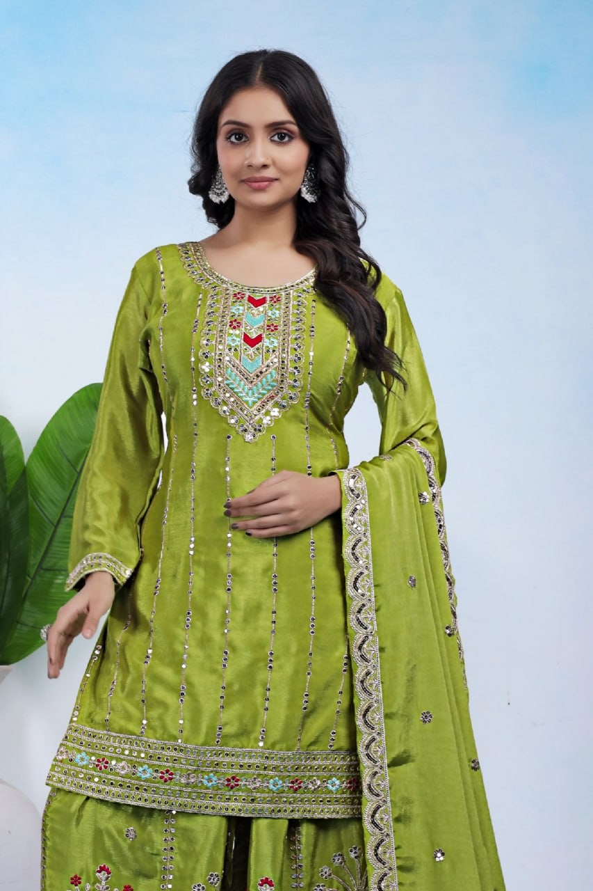 Yash Enterprise Green Chinon Silk Party Wear Embroidery Suit Set  Grab2Buy Yash Enterprise Grab2Buy