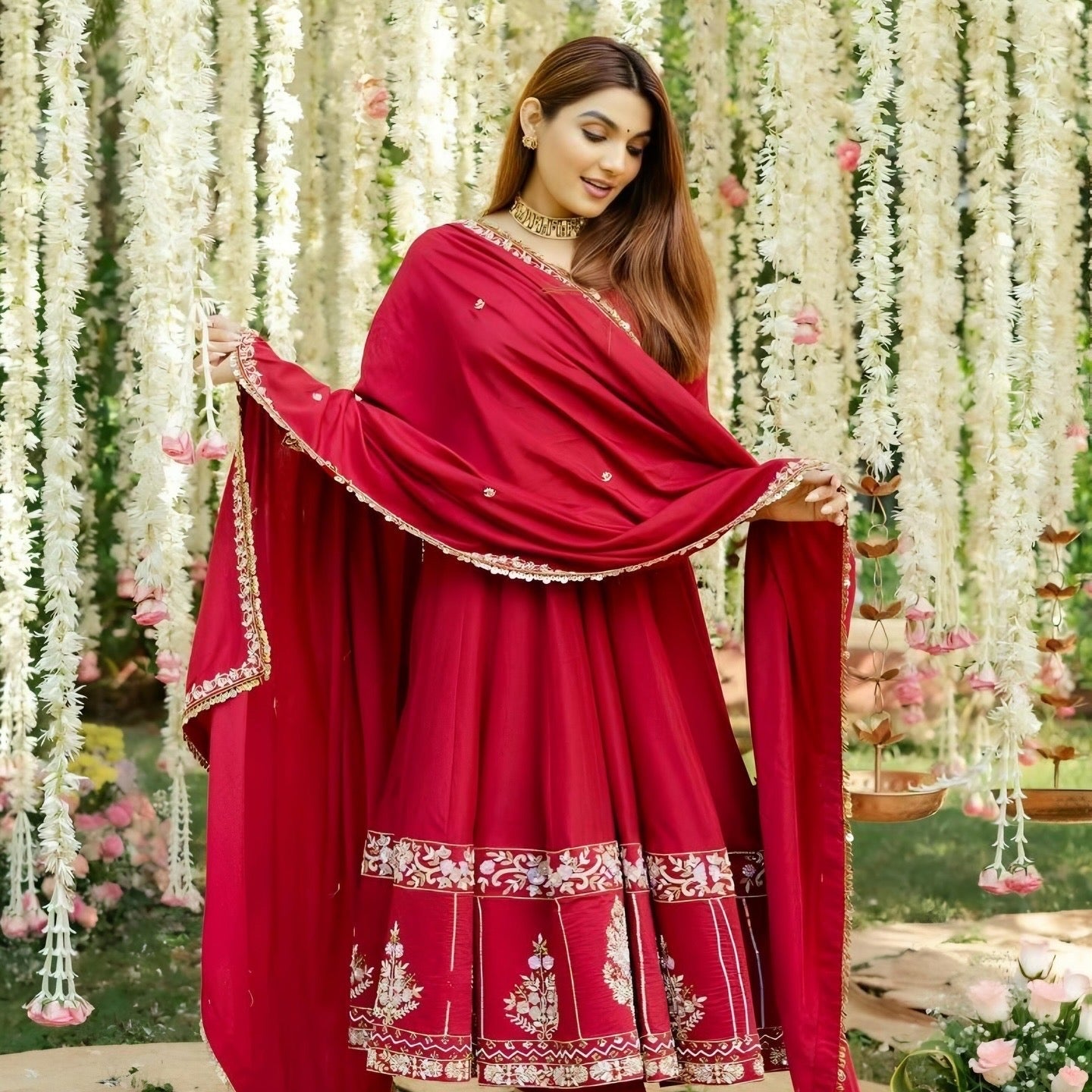 Yash Enterprise Red Roman Silk Embroidery Suit Set  Grab2Buy Yash Enterprise Grab2Buy