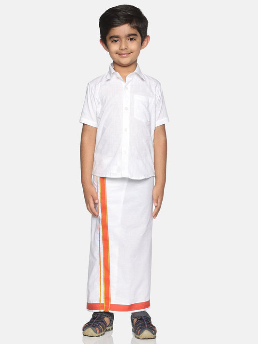 Sethukrishna Boys White Pure Cotton Solid Shirt and Veshti Set
