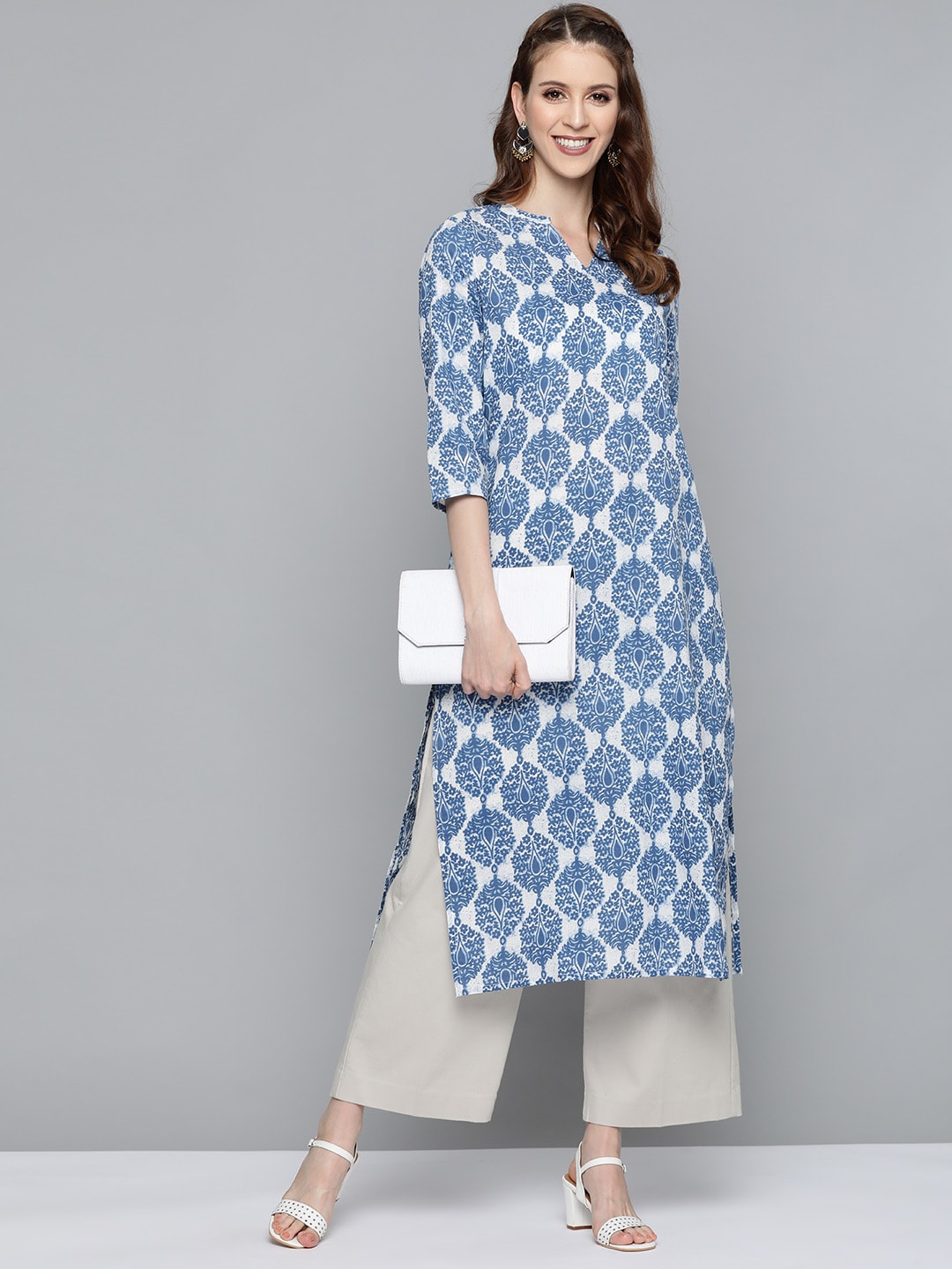 HERE&NOW Women Blue & White Printed Straight Kurta
