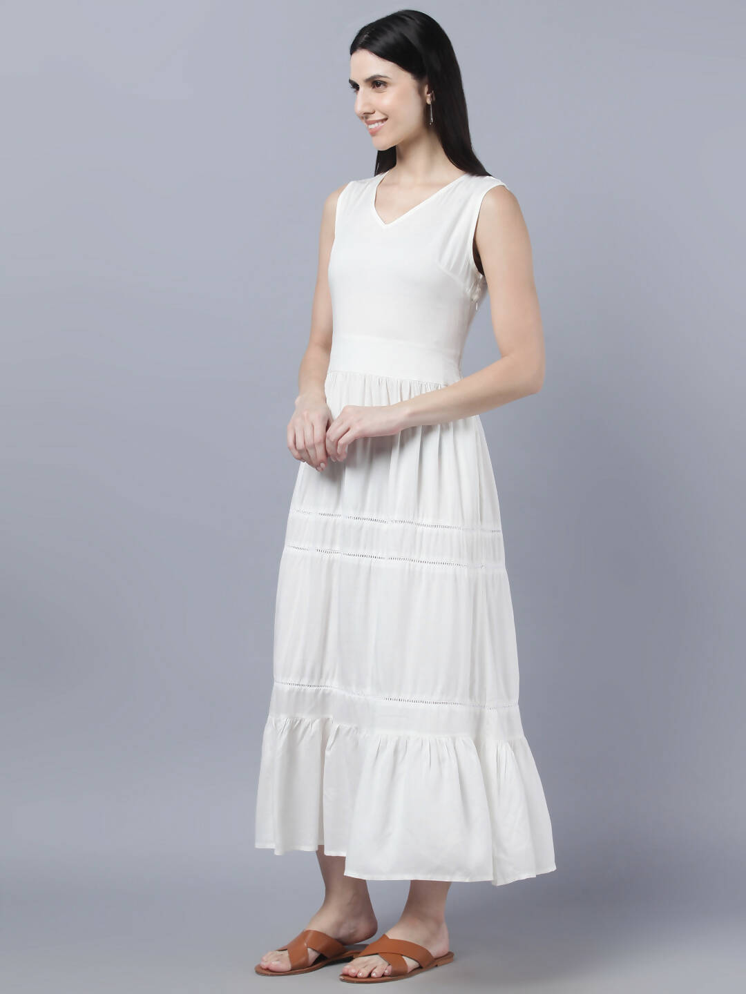Myshka Women White Solid Maxi Dress