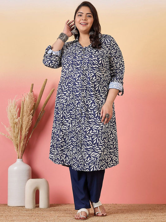 Sztori Plus Size Floral Printed Shirt Collar Roll-Up Sleeves Crepe Pathani Kurta