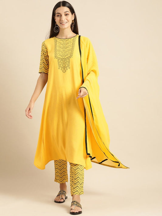 All About You Women Yellow Printed Kurta with Trousers & With Dupatta