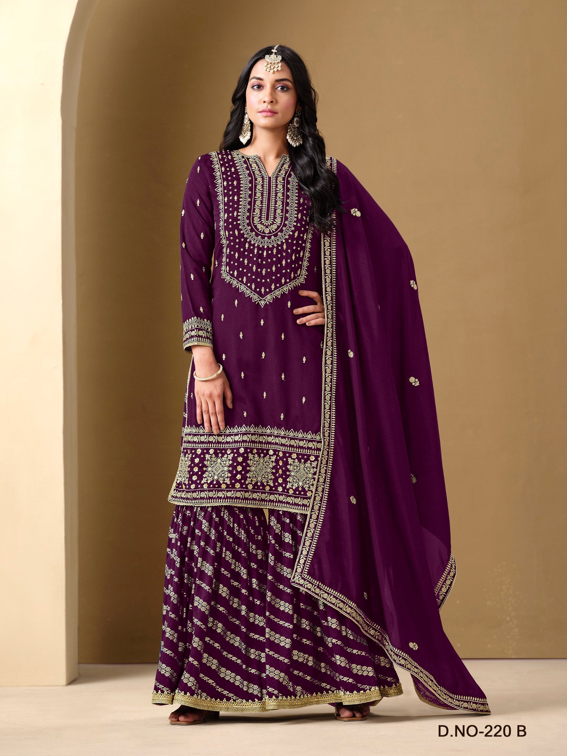 Anaita Purple Art Silk Embroidered Stitched Sharara Suit
