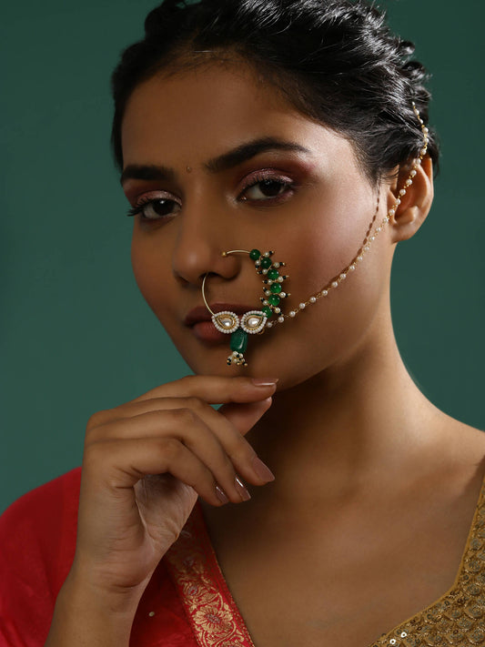Gold Plated White Green Kundan Studded Beaded Chain Nose Pin - Ruby Raang - Grab2buy