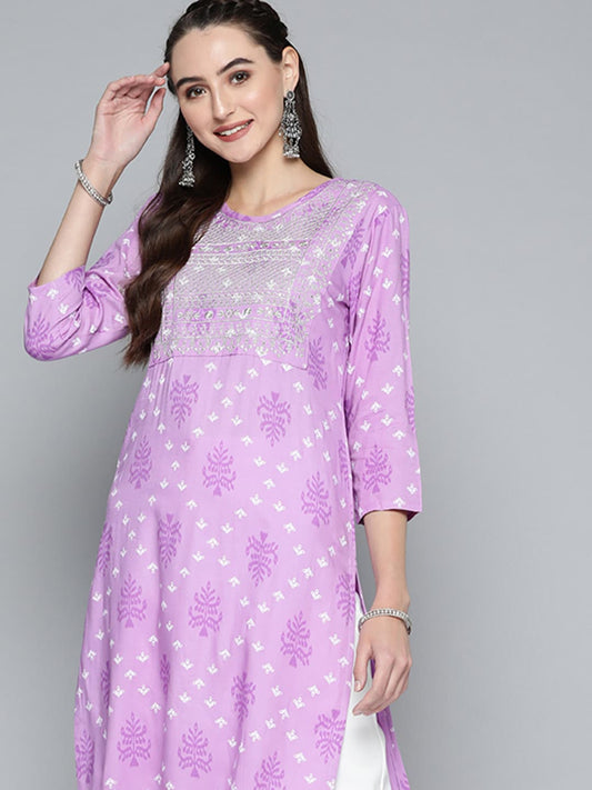 HERE&NOW Women Purple & White Ethnic Motifs Printed Embroidered Work Kurta