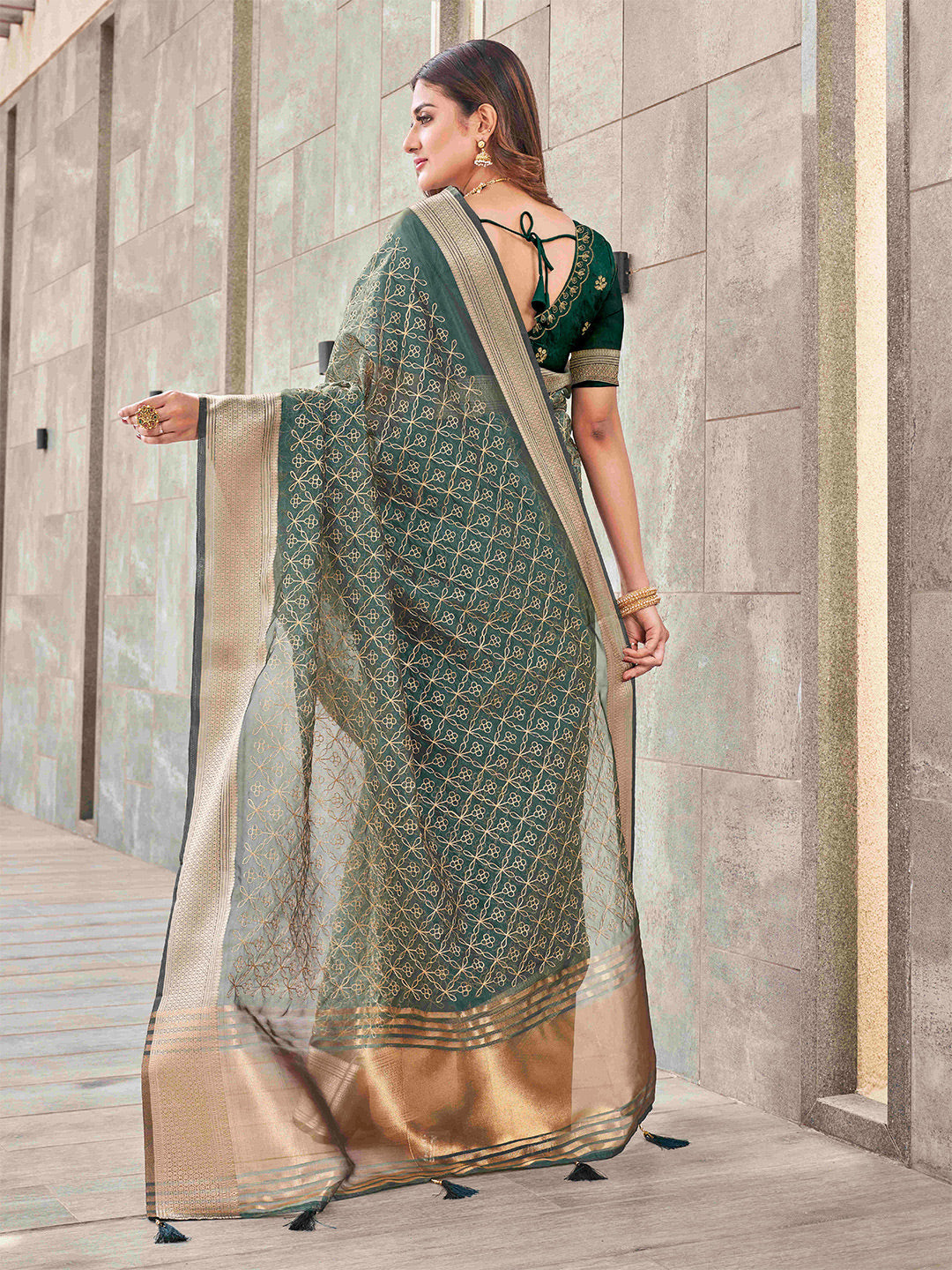 Tikhi Imli Olive Floral Embroidered Zari Organza Grab2Buy 