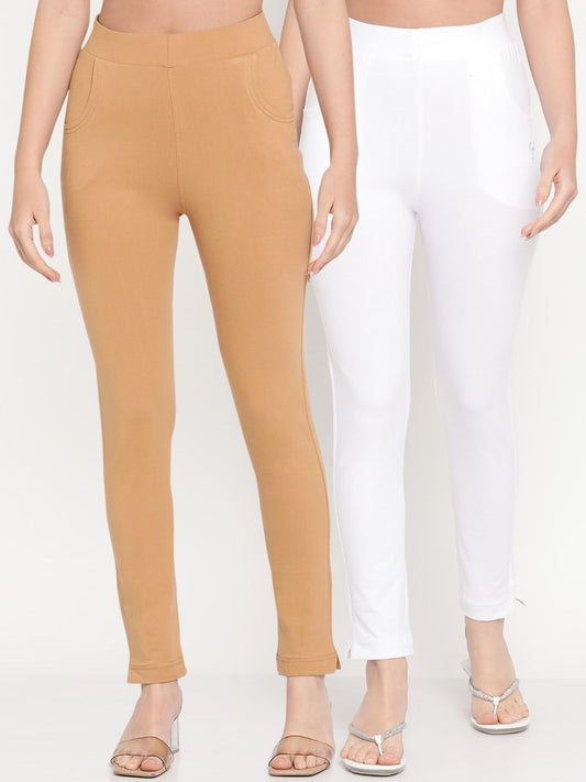 TAG 7 Women Set of 2 Beige & White Ankle Length Leggings