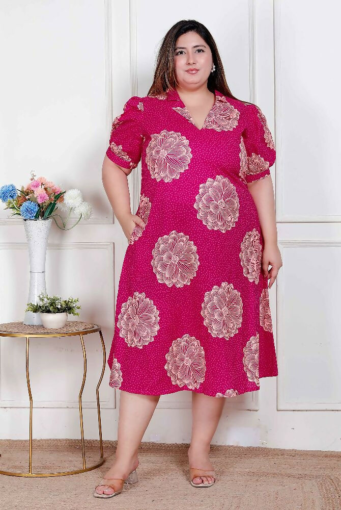 Miravan Plus Size Womens Pink Printed Collar Neck Short Puff Sleeves Cotton A-Line Maxi Dress