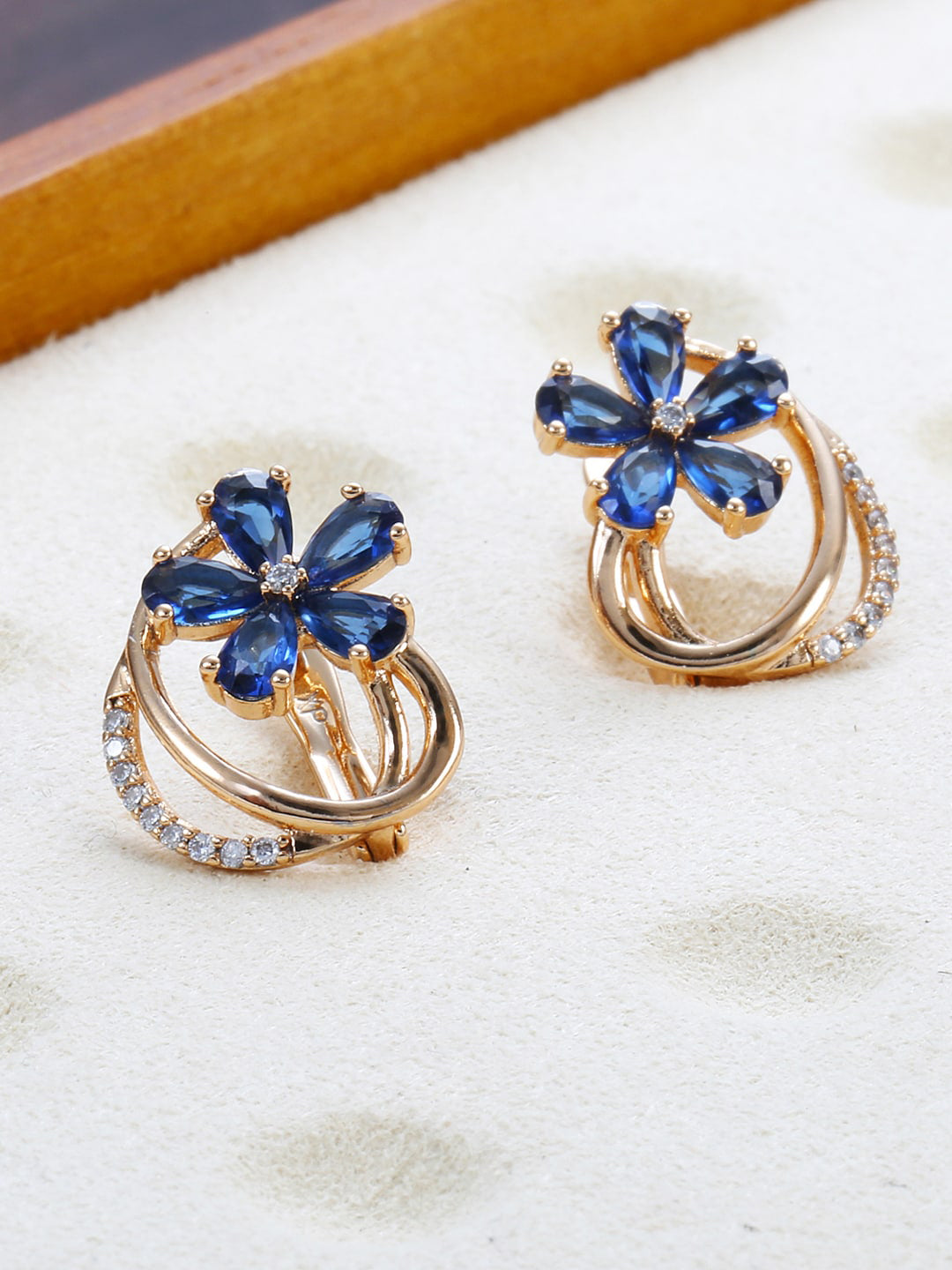 Shining Diva Rose Gold-Plated Blue Floral Studs Earrings - Grab2buy