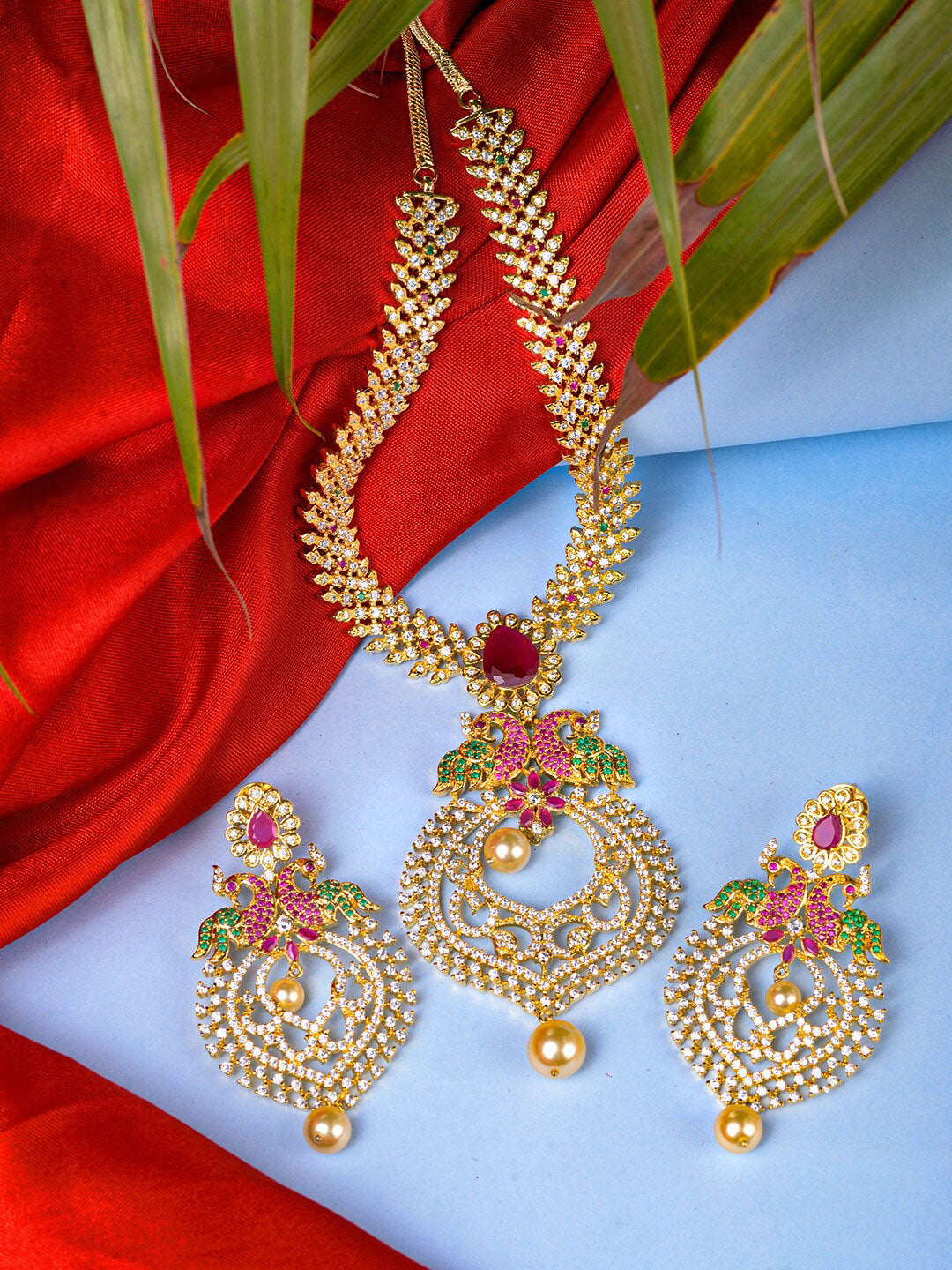 Saraf RS Jewellery Gold-Plated Green & Pink American Diamond Studded & Beaded Handcrafted Jewellery Set - Grab2buy