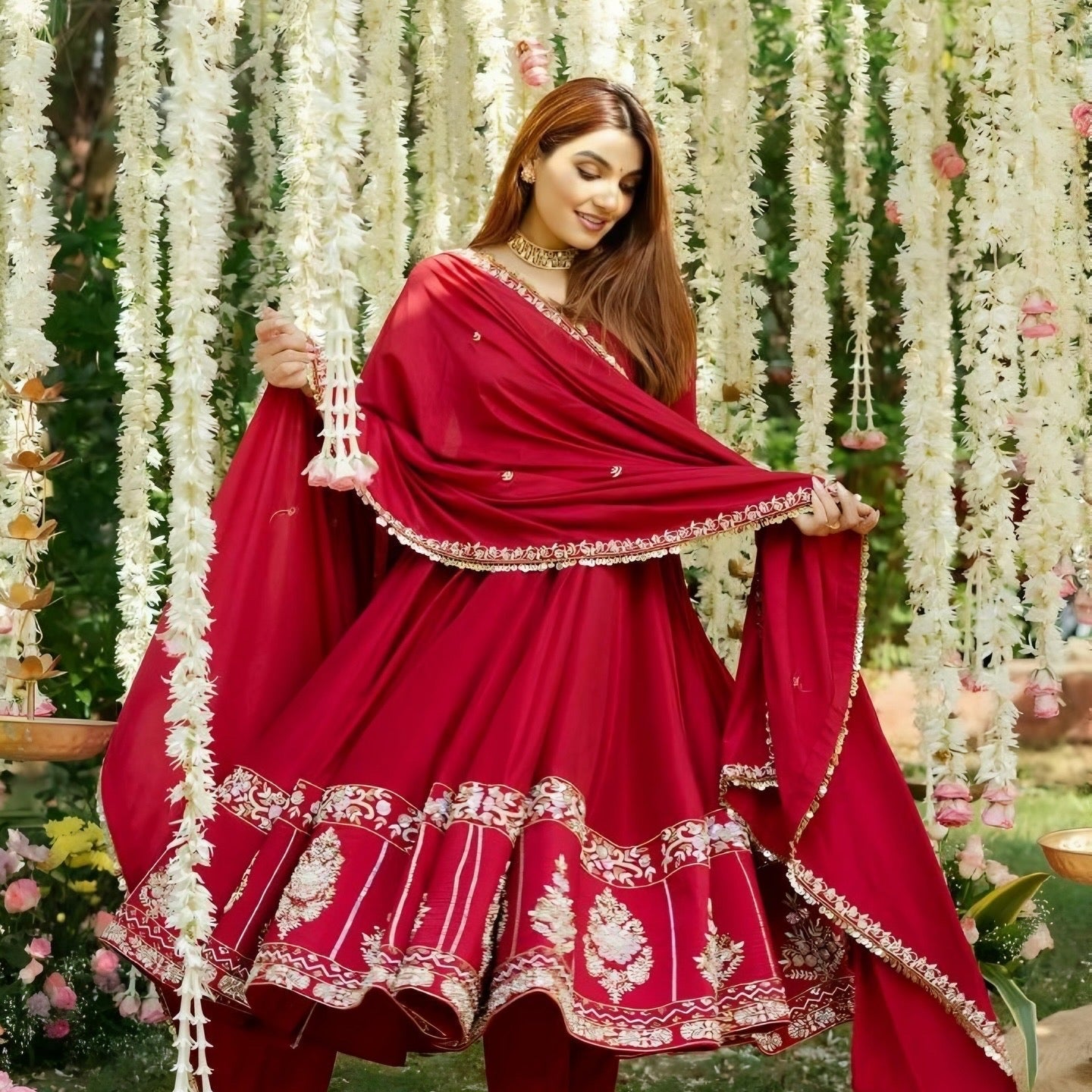 Yash Enterprise Red Roman Silk Embroidery Suit Set  Grab2Buy Yash Enterprise Grab2Buy
