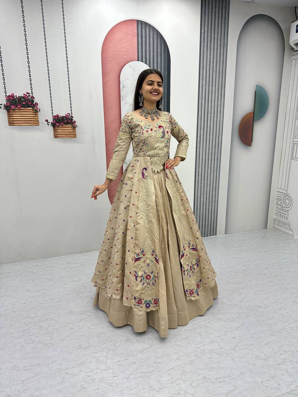 Yash Enterprise Cream Vichitra Silk Party Wear Embroidery Crop Top With Blouse Lehenga Choli  Grab2Buy Yash Enterprise Grab2Buy