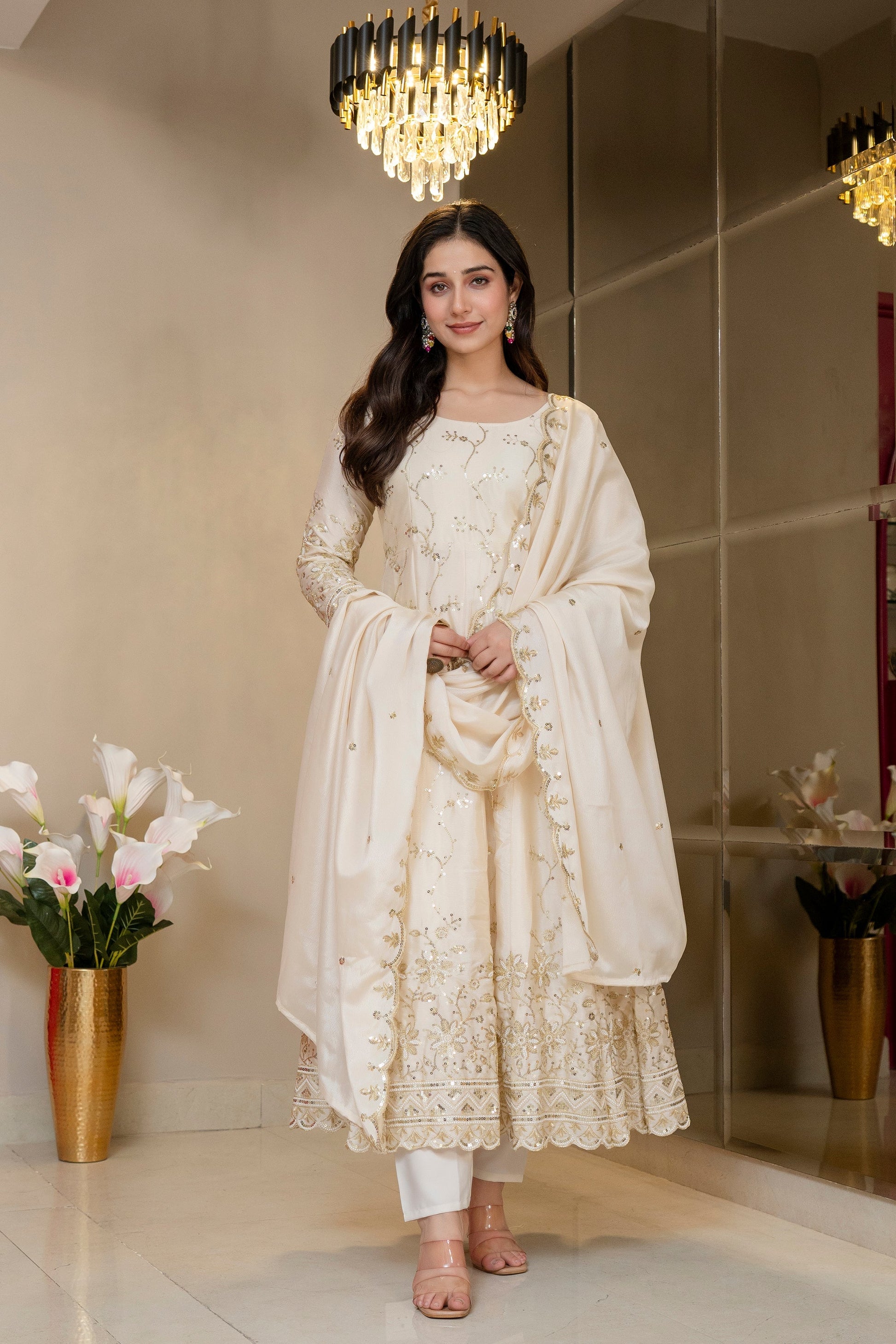 Yash Enterprise Cream Chinon Silk Party Wear Embroidery Suit Set  Grab2Buy Yash Enterprise Grab2Buy