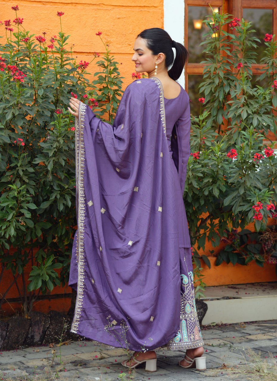 Yash Enterprise Purple Chinon Silk Party Wear Embroidery Suit Set  Grab2Buy Yash Enterprise Grab2Buy