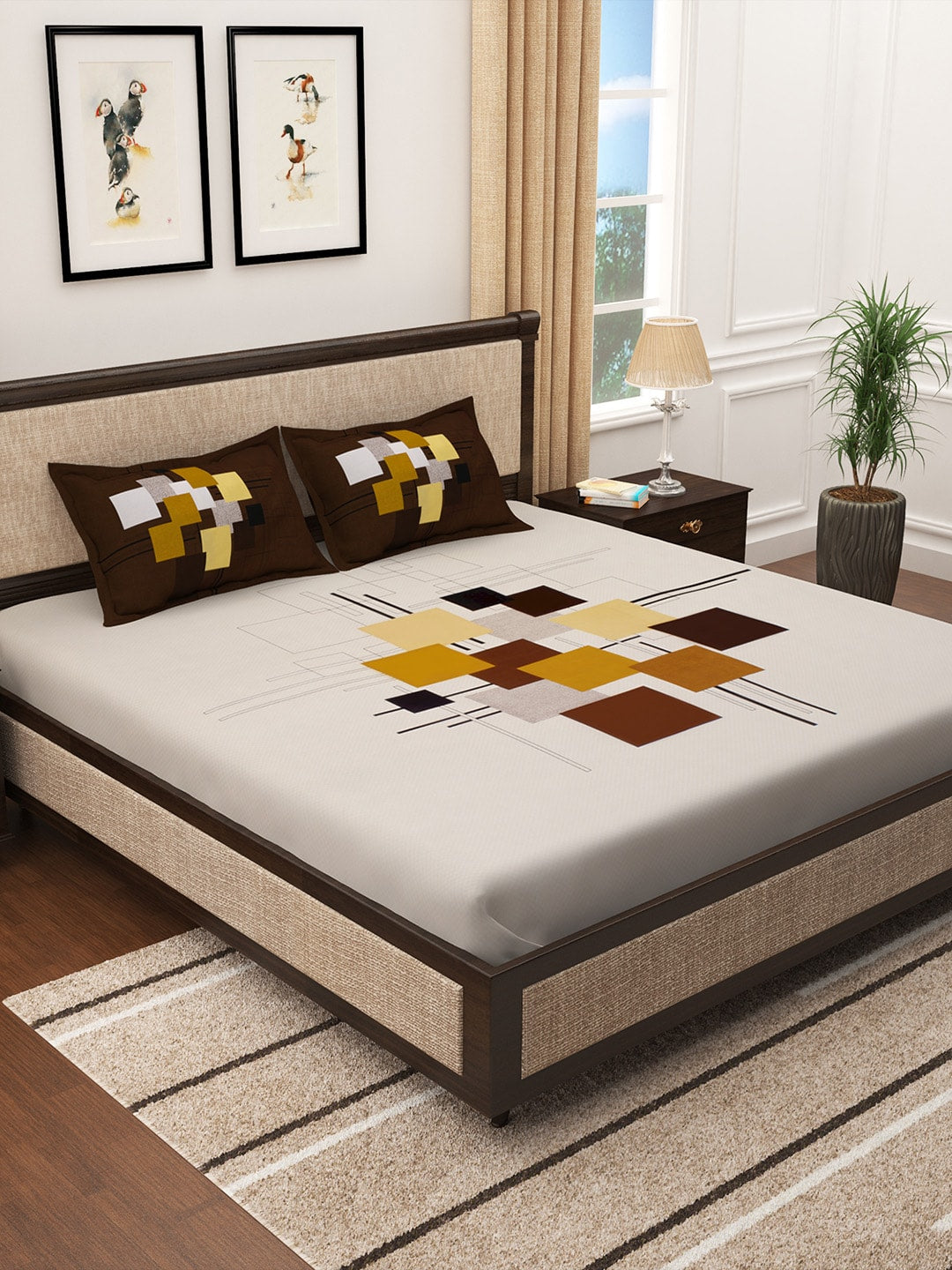 Story@home Cream-Coloured & Brown Abstract 300 TC Cotton 1 King Bedsheet with 2 Pillow Covers 