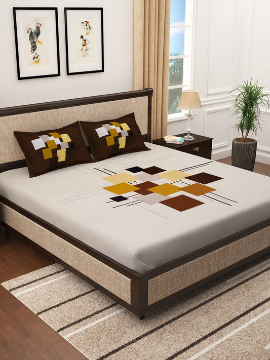 Story@home Cream-Coloured & Brown Abstract 300 TC Cotton 1 King Bedsheet with 2 Pillow Covers 