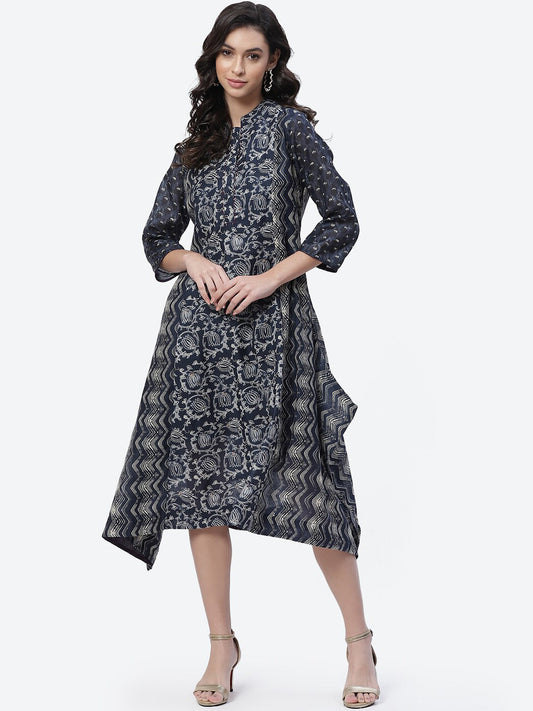 Biba Women Navy Blue Ethnic Motifs Printed Asymmetric Kurta - Grab2buy