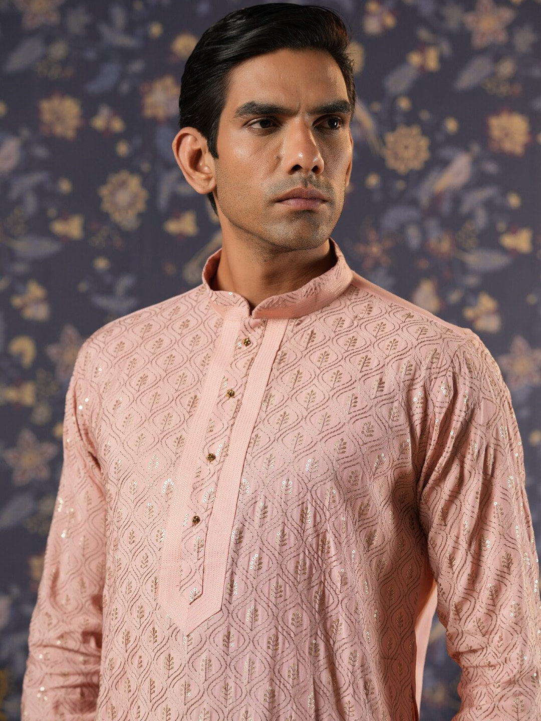 House of Pataudi Ethnic Motifs Embroidered Mandarin Collar Straight Kurta With Churidar