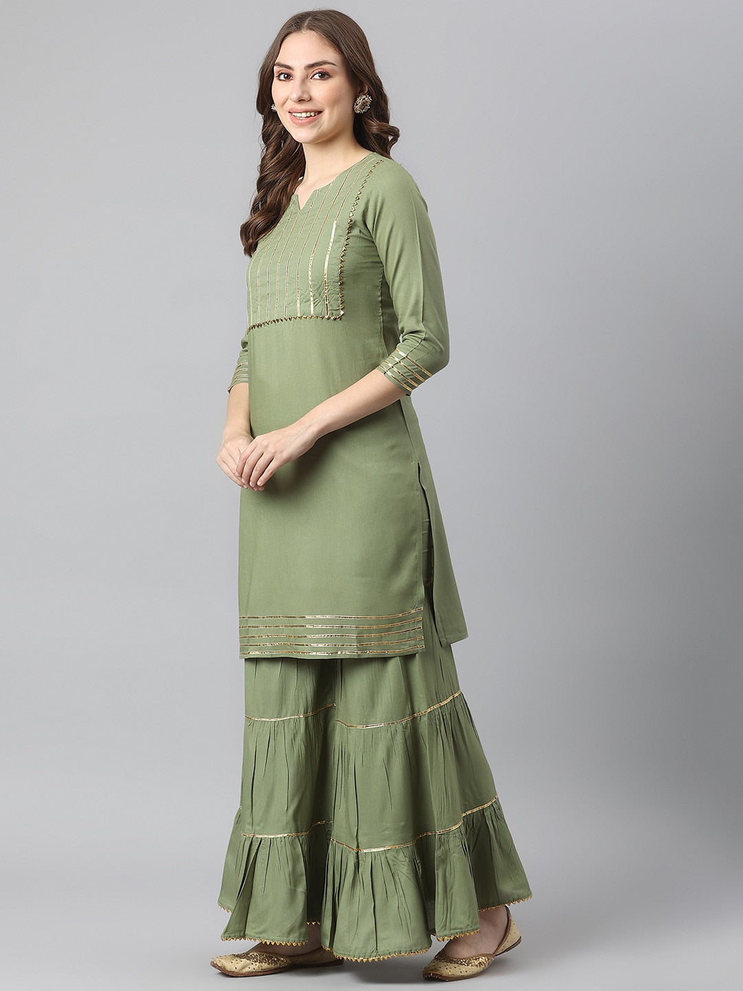 Kalini Women Green Yoke Design Gotta Patti Kurta with Sharara 