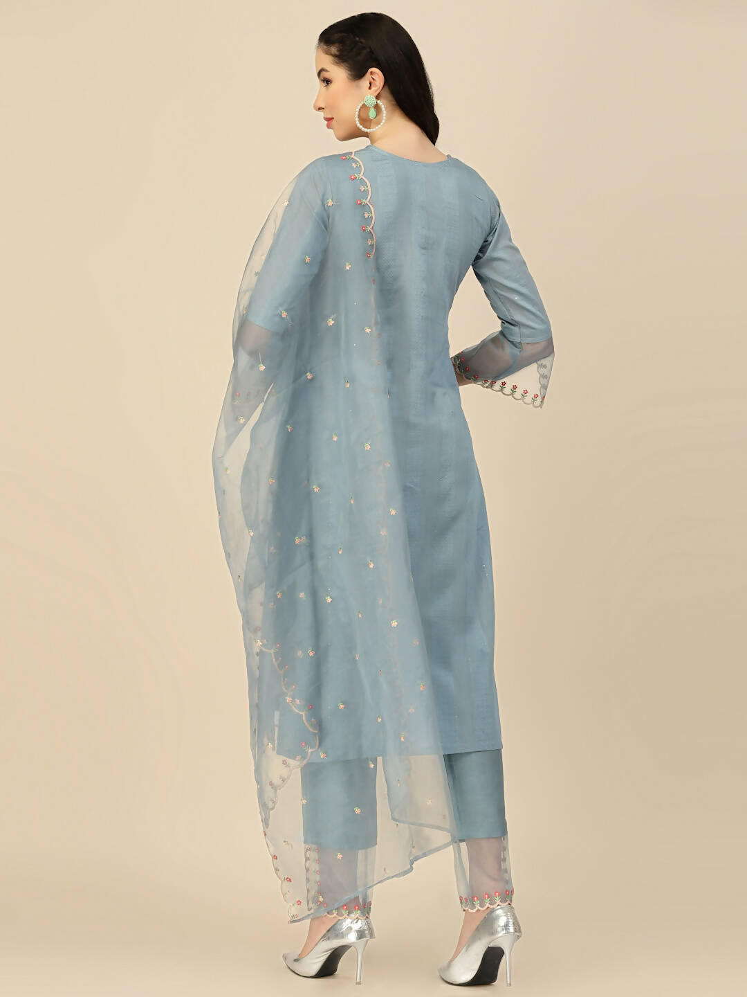 Sky Blue Embroidered Chinon Straight Kurta With Trouser & Dupatta - Salimar