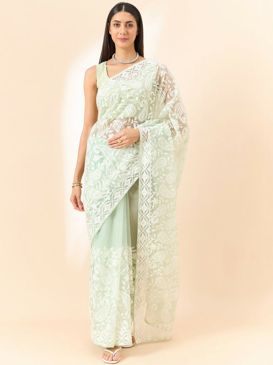 Green Organza Paisely Embroidered Saree with Unstitched Blouse Piece - Roozal
