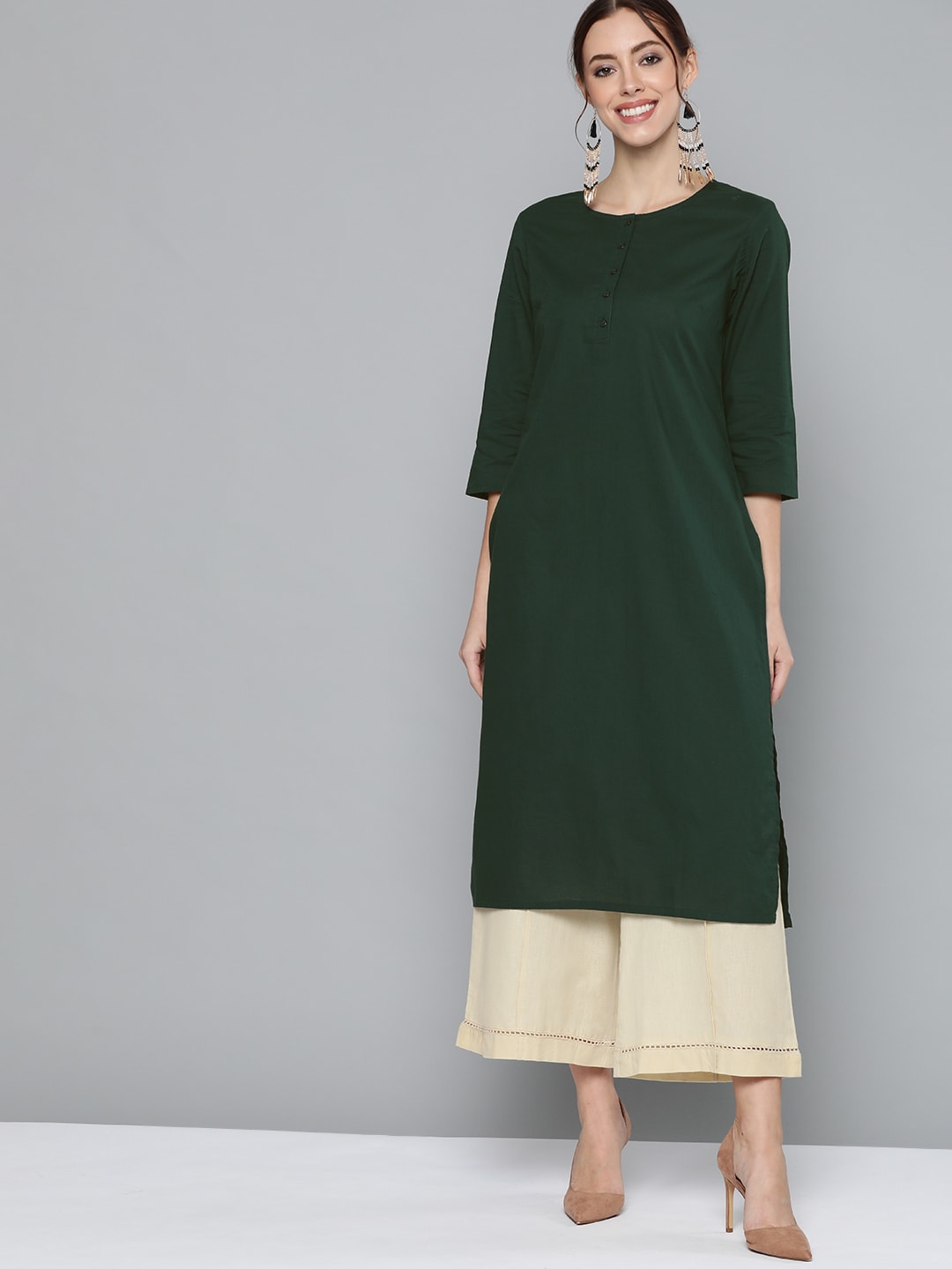 HERE&NOW Women Green Pure Cotton Solid Kurta