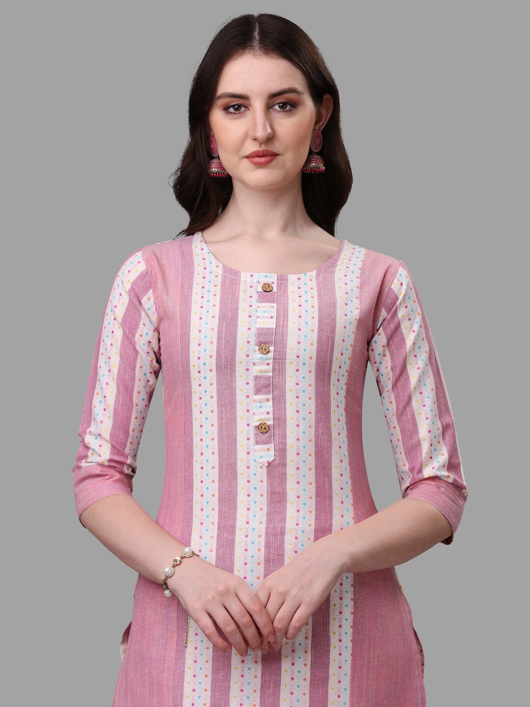 HERE&NOW Pink & White Striped Pure Cotton Kurta With Trousers & Dupatta