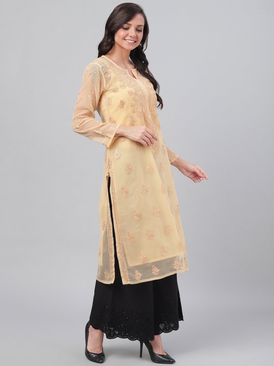 ADA Women Beige Chikankari Hand Embroidered Straight Sustainable Handloom Kurta With Slip 