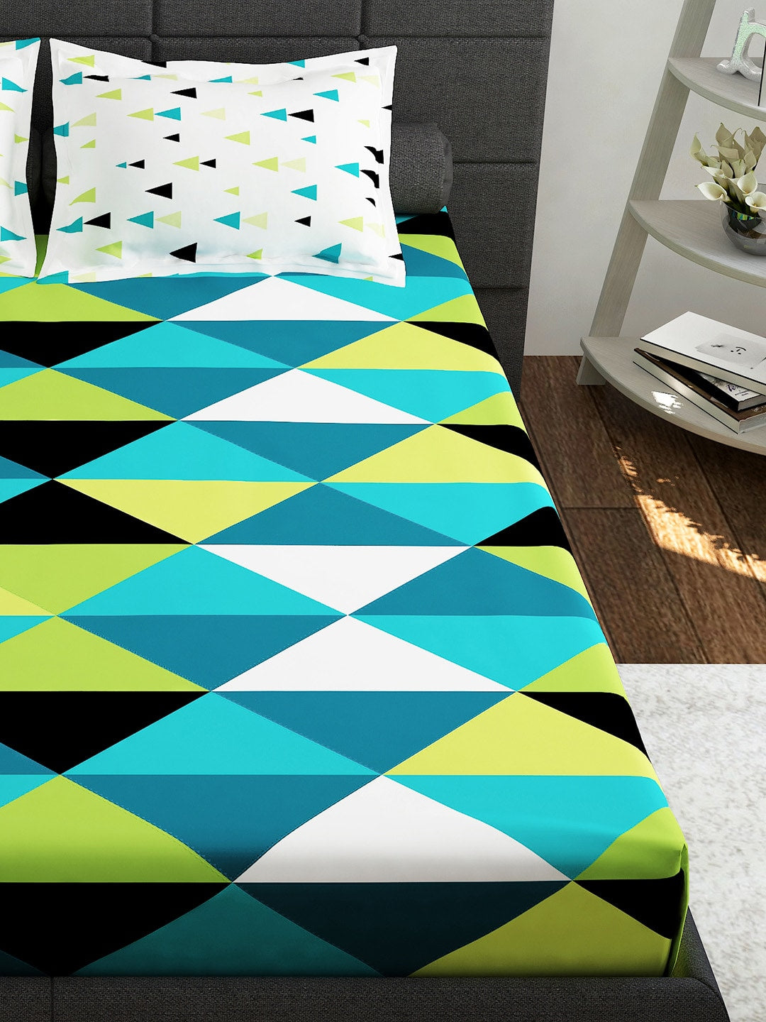 Story@home Ventura Teal & Black Geometric 152 TC Cotton Queen Bedsheet & 2 Pillow Covers  Grab2Buy Story@home Grab2Buy