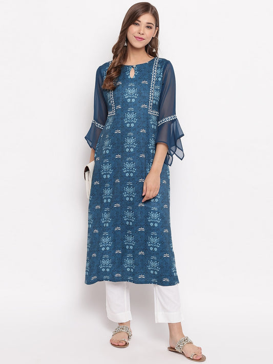 Janasya Women Blue Floral Printed Straight Kurta