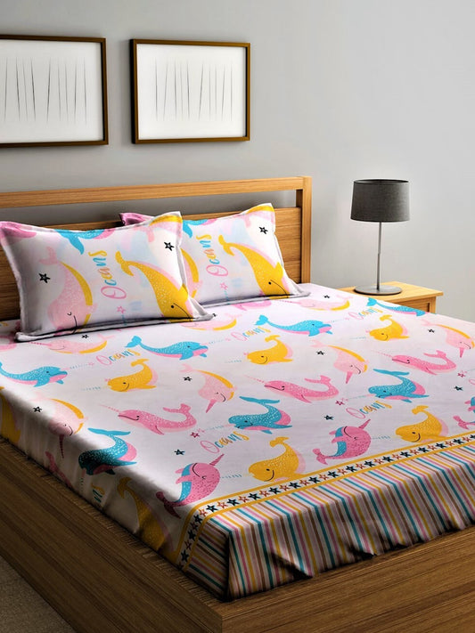 Home Sizzler Pink & Blue Cartoon 210 TC Cotton Bedsheet with Pillow Covers 
