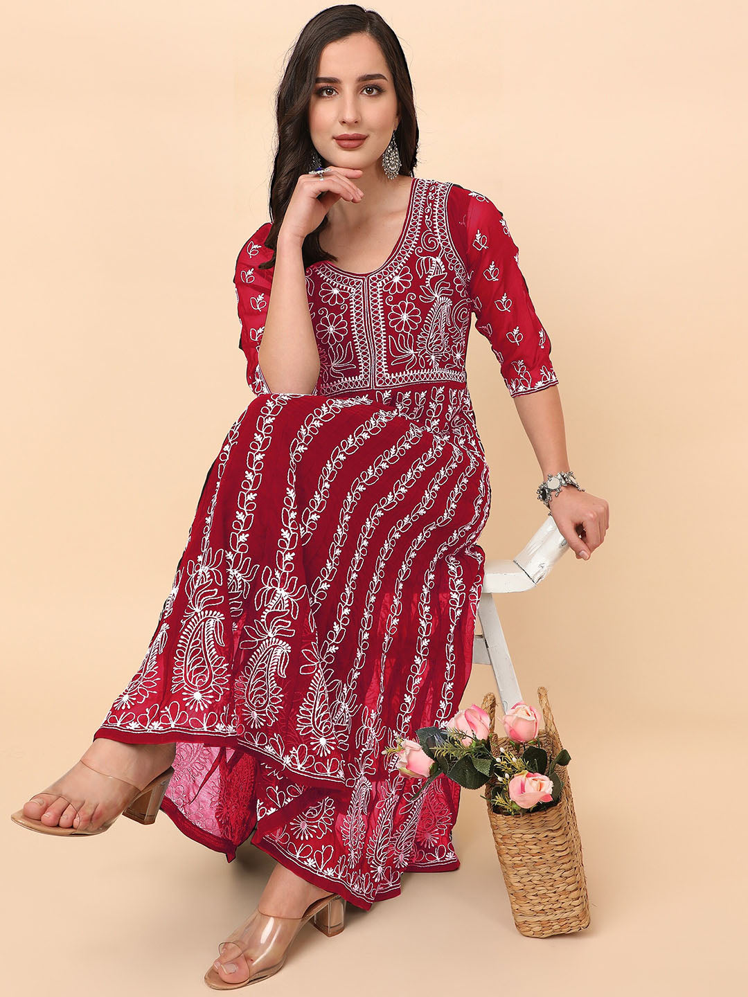 HERE&NOW Chikankari Embroidered Thread Work Georgette Anarkali Kurta 