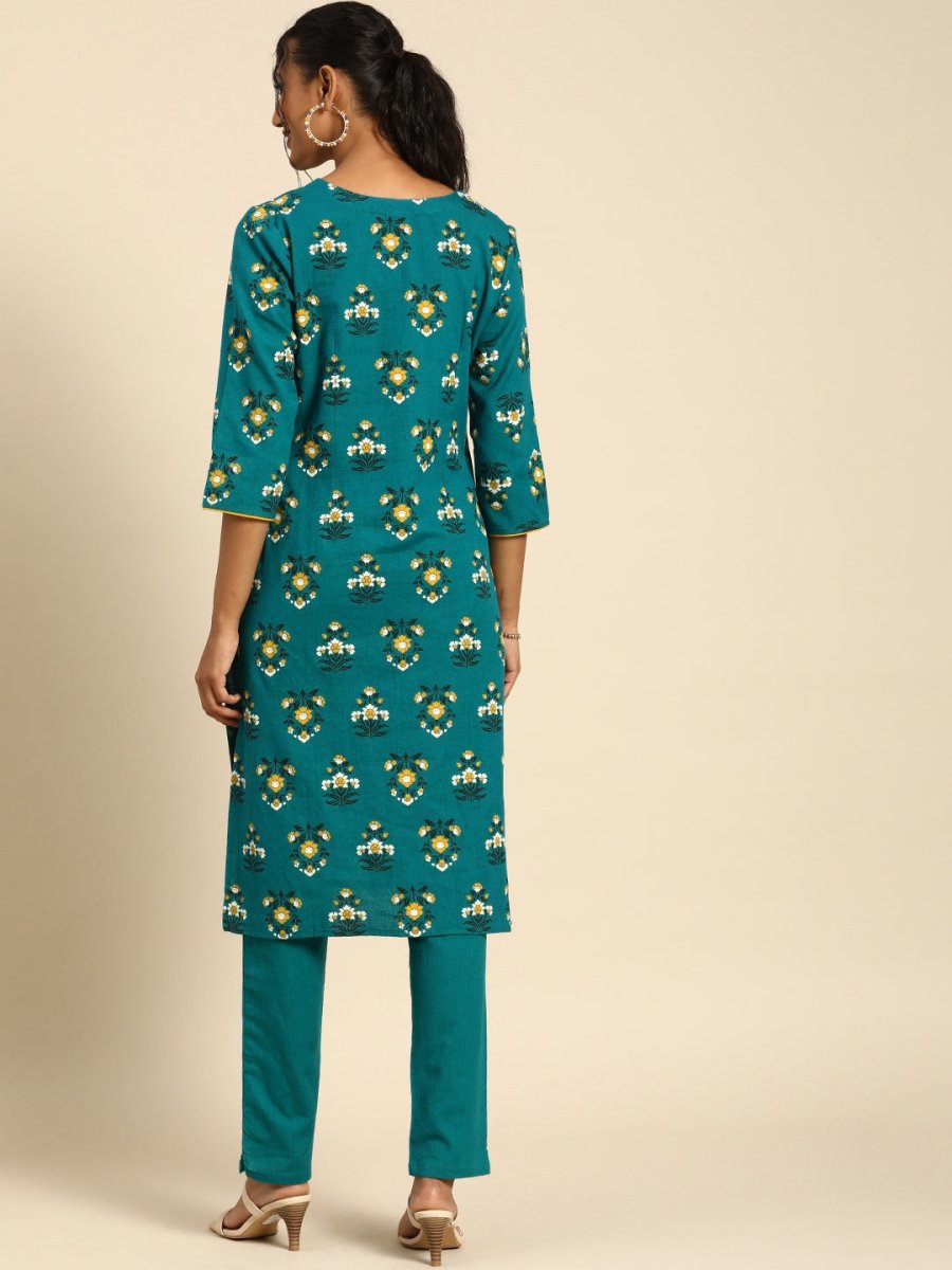 All About You Women Teal Blue Floral Printed Regular Pure Cotton Kurta with Trousers