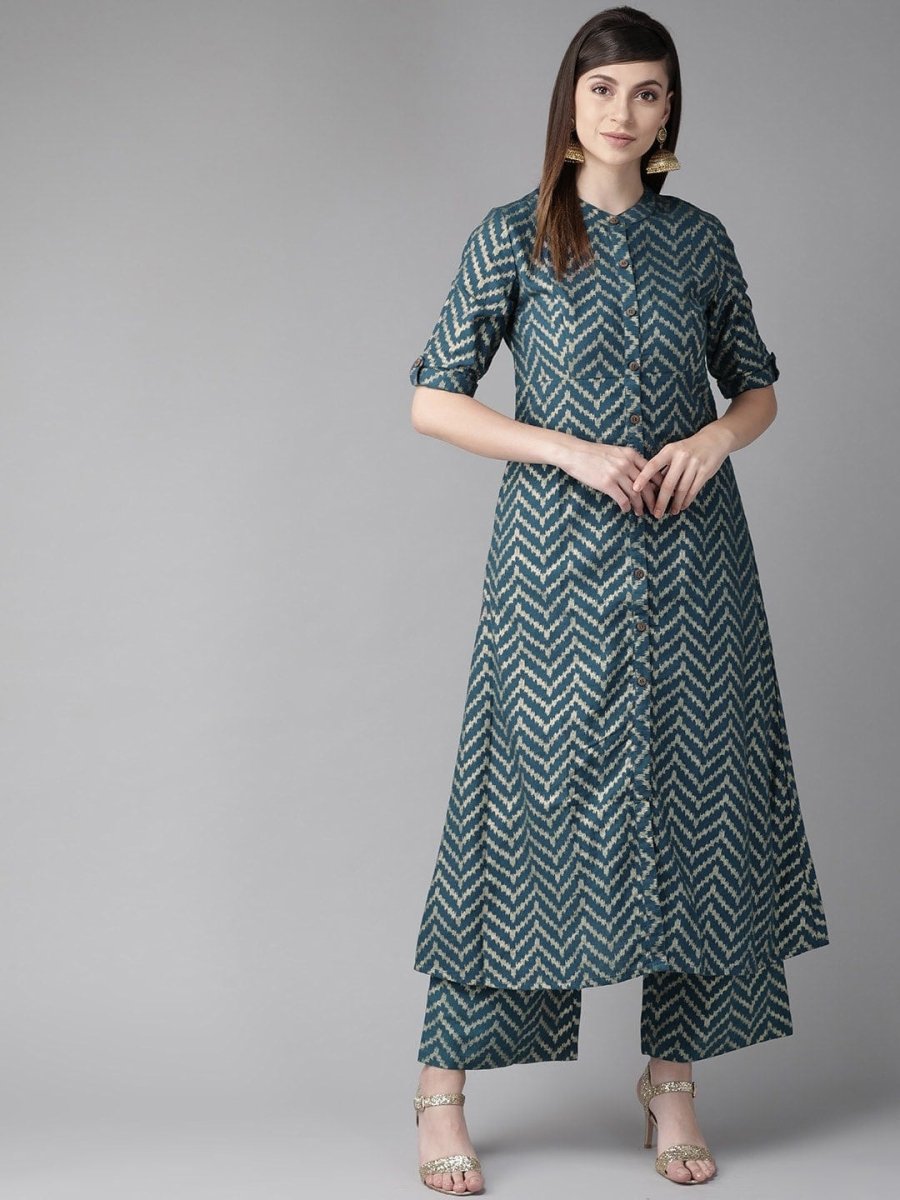 Aks Chevron Printed Band Collar A-Line Kurta