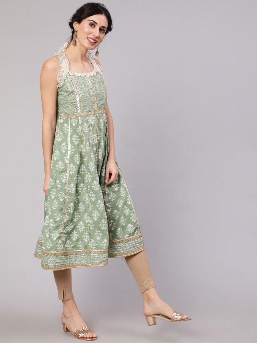 Aks Floral Printed Shoulder Straps Empire Gotta Patti Pure Cotton Kurta